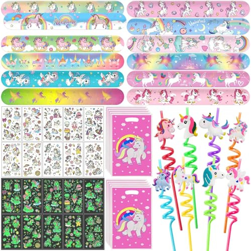Einhorn Party Mitgebsel: 40-teiliges Set für Kindergeburtstag mit 8 Einhorn Strohhalmen, 12 Schnapparmbändern, 10 Geschenktüten und 10 Tattoos
