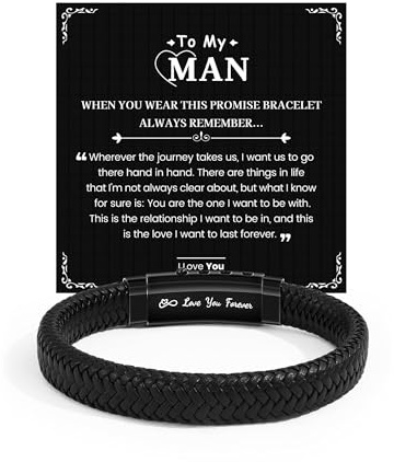 CheersLife Mens Valentines Gifts for Him, Black Leather Bracelet for Men
