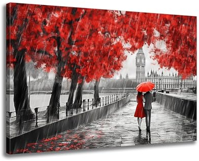 GLOKAKA Contemporary Wall Art Black White and Red Umbrella Couple in Street Big Ben Oil Painting Print Canvas Wall Art Romantic Picture Artwork for Bedroom Living Room Decor