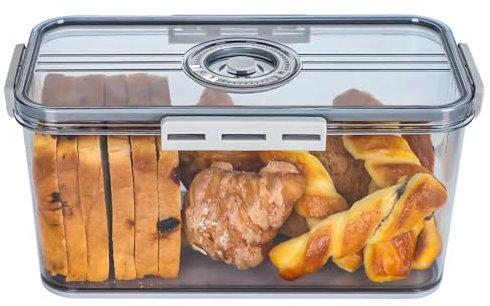 SaiDuoDuo Airtight Loaf Bread Storage Container, Plastic Bread Box for Kitchen, Transparent Bread Keeper with Lid for Bun Bagel,Grey,L