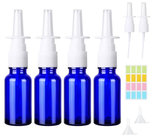 CoKeeSun 4 Piezas Nasal Spray Botellas, 20ml Azul Botellas de Aerosol Nasal, Vacío Vidrio Pulverizador Nasal con Embudos, Pegatinas, para Perfume, Aceites Esenciales, Solución Salina