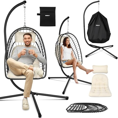 ONBEST Hängesessel mit Gestell Grau, 360° Hängestuhl Outdoor Indoor, klappbarer Hängekorb mit Polster, wetterfest bis 130 kg, inkl. Schutzhülle, für Garten Balkon Wohnzimmer (Beige)
