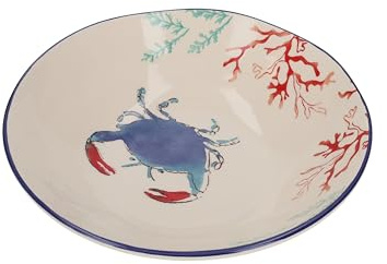Keyhomestore- Insalatiera con Decori Granchio e Coralli, realizzata in Ceramica dipinta a mano, Altezza cm 8,5, ideale come contenitore per Insalate e Portate di Pesce, colori rosso, blu e azzurro.