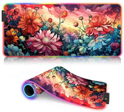 HEYCE Mauspad Floral ROG XL Große Mauspads LED extra großes Mauspad (80 x 30 x 0,3) cm Wasserdichtes Mauspad mit genähten Kanten und Rutschfester Unterseite