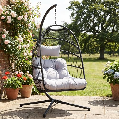 Blisswood Rattan Hanging Egg Chair with Cushion & Stand – Indoor & Outdoor Hammock Swing Chair for Garden, Patio or Balcony – Adjustable Height Wicker Pod Chairs – Supports Up to 160kg (Black)