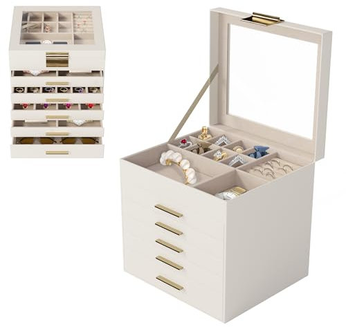 JUPPLIES - Joyero Organizador XL con Tapa de Cristal - Organizador de Joyas y Accesorios con 6 Cajones - Estuche de Diseño Elegante para Joyería perfecto Para Regalo Mujer (7 Niveles)