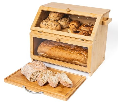 3-in-1 Double Decker Bamboo Bread Bin 2-Tier Bread Box With Cutting Board And Knife Holder Naturally Antibacterial Sustainable Eco Friendly Storage Box Organic Premium Kitchen Organiser (Natural)