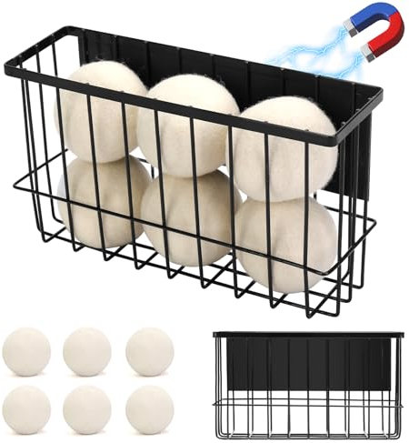 Magnetic Dryer Ball Holder Plus 6 XL Wool Dryer Balls for Laundry Room Organization, Magnetic Lint Bin for Laundry Room Wool Dryer Ball Organizer, Iron Dryer Ball Container Basket for Storage (Black)