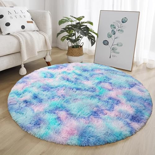 AIMECO Schlafzimmer Bereich Teppich, (Durchmesser 200cm) Nachttisch Shag,Flauschigen Teppich, Wohnzimmer, Kinderzimmer, Mädchen Schlafzimmer,Tie-dye grünlich-violett