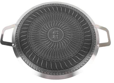 Koreansk grill, Runt rostfritt stål Nonstick grillpanna med 2 handtag för induktionshäll utomhuscampinggrill, Koreansk Stekpanna Stekpanna för Bacon Korvägg Skaldjur (34 cm)