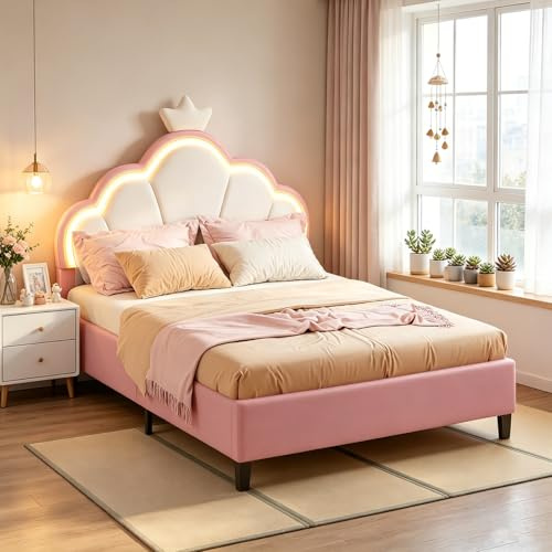 NNXHWY Kinderbett Polsterbett 140x200 cm, Prinzessinnenbetten mit LED, Doppelbett Mädchen Bett mit kronenförmiges Kopfteil verstellbarem, Jugendbett Bettgestell mit Lattenrost, Samt, Rosa (140 cm)