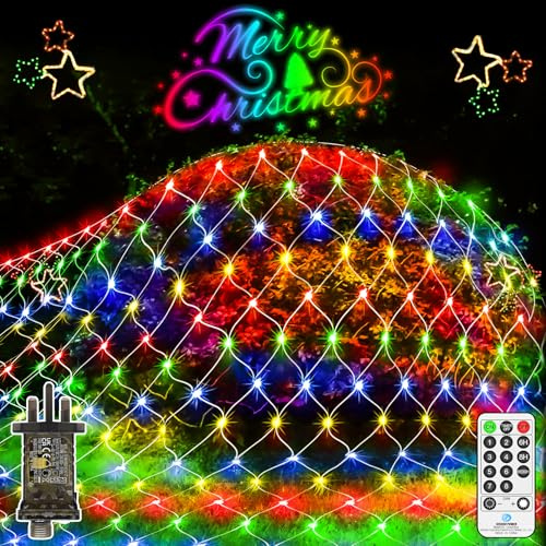 JXLEDAYY 300 LED Christmas Net Lights Outdoor 3Mx1.8M Mesh Fairy Lights Plug in with Remote Timer 8 Modes Connectable Waterproof for Outside Bush Tree Garden Yard Patio Wall Decorations-Multicoloured
