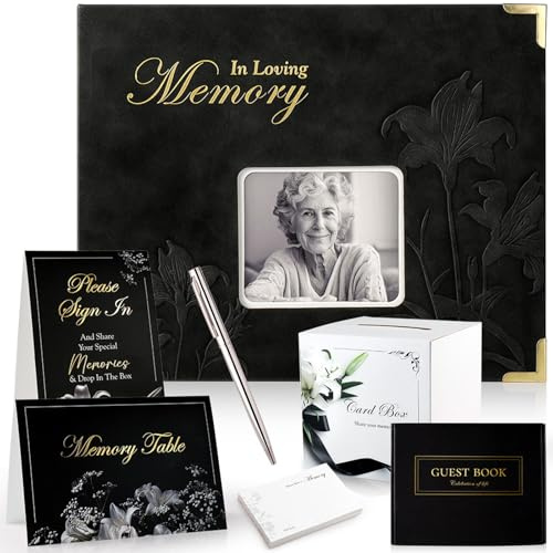 Memory Book for Funeral, Condolence & Remembrance Book Set with 50 Cards | DIY Cover, 2 Table Sign & 1 Pen, 8 x10 Guest book Set, Gift Box, 120GSM Thick Paper