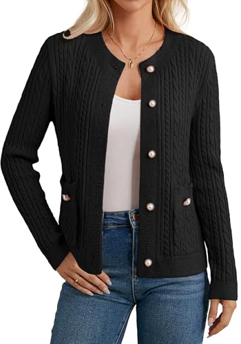 GRACE KARIN Damen Herbst Langarm Strickjacke Freizeit Grobstrick Rundhals übergangsjacke für Hochzeitsgäste CL262-01/Schwarz XL