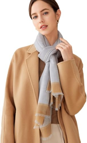 Prettystern Farbgewebe Damen Unisex KaschmirPashmina Schal 100% Kaschmirwolle gewebt mit Fransen XL Stola ganzjährig hellgrau beige 06