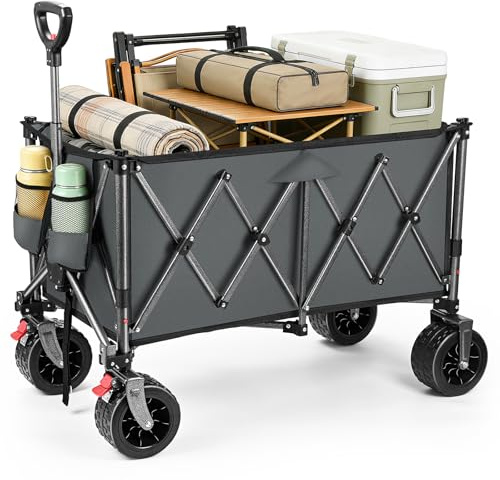 YEAUPE PRO Carrello Pieghevole e da Spiaggia – Con doppi freni anteriori, doppia forcella rinforzata e ruote grandi, Manico regolabile, Per campeggio e giardino – 150kg, 200L, Grigio