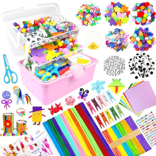 BNUZEIYI Bastelset Kinder – DIY Basteln Bastelkoffer für Kinder 3-Schicht Bastelbox Material Set mit Pfeifenreiniger Schulbedarf Spielzeug Geschenke für Mädchen Jungen 4–8, 8–12 Jahren, Rosa