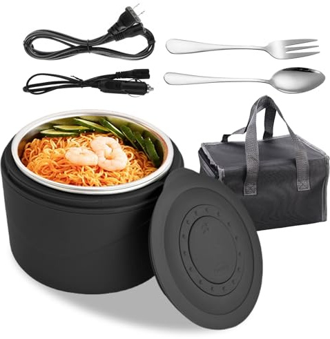 Contenitore per il pranzo elettrico, 80 W, 1200 ml, contenitore per il pranzo elettrico, portatile, 3 in 1 (220 V/12 V/24 V) con forchetta, cucchiaio per ufficio, auto, viaggi, palestra