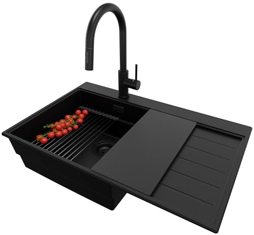 PRIMAGRAN Fregadero Granito al Mueble 50cm + Grifo, 78x50cm | Set: Grifo BW9010 + Kit de desagüe (sifón, válvula, rebosadero) + Sydney Ergo 1 Seno para Cocina, Todo Negro