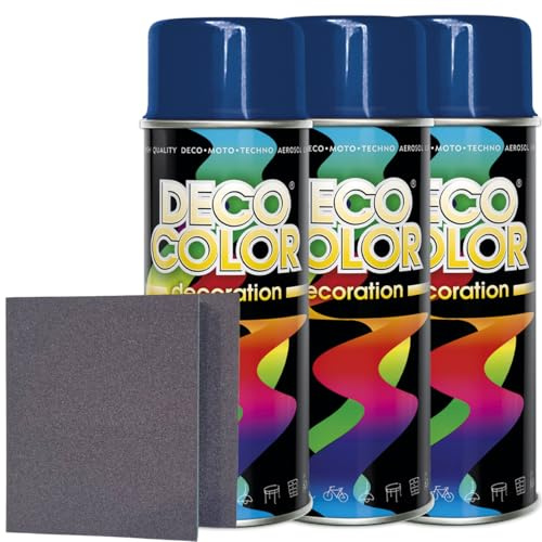 Craft-Equip DC 3er Sparpack Lackspray nach RAL in 400ml zur Lackierung von Auto Stahl Aluminium Beton Holz und 2 Stück Schleifpads (3 Dosen in dunkelblau glanz RAL 5010 + 2 Stück Schleifschwamm)