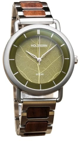 HOLZKERN Herrenuhr Solar Lauri Walnuss/Blatt Grün 9010631022235