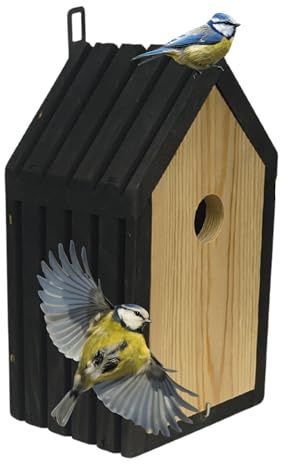 MODO24 Meisen Nistkasten aus FSC® Holz mit 2,8 cm Einflugloch, Vogelhaus Blaumeisen & Kleinvögel, Brutkasten mit Reinigungsklappe & Futterhaken für Garten & Balkon, 26×15×12 cm, Farbe: Schwarz