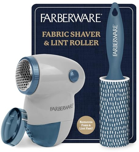 Farberware Fabric Shaver & Lint Remover Set–Battery Operated Sweater Shaver with Triple Blades and Extra Sticky Roller for Pet Hair, Fuzz & Pilling on Clothes, Upholstery & Bedding (Gray/Blue, Small)
