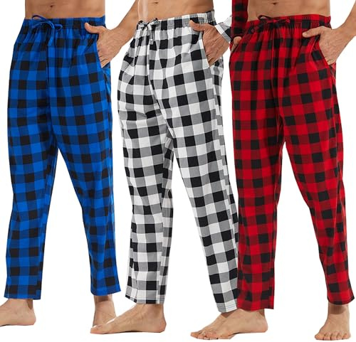 BEGIANT Lot de 3 Bas de Pyjama Homme à Carreaux Pantalon de Nuit avec Poches et Cordon de Serrage Pantalon de Détente Léger