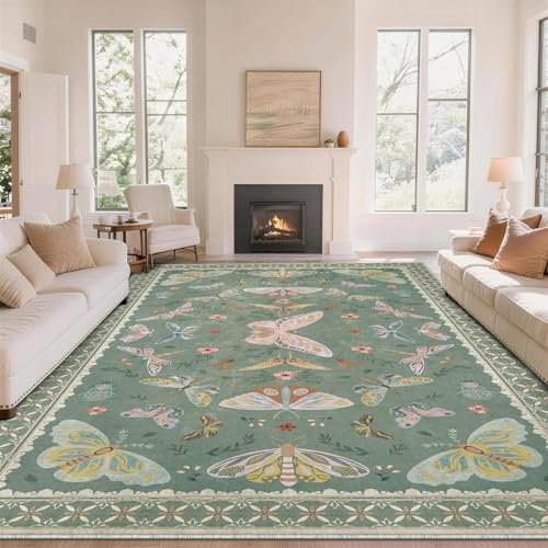 SOANNY Rug Living Room, Soft Washable Non Slip, Sage Green, 160x220cm | Butterfly, Low Pile, Stain Resistant Carpet for Bedroom Living Room Nursery Kids Room Entryway Office Playroom