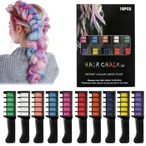 10 Color Hair Chalk Comb, Temporary Hair Dye Festive Fun Hairs Chalk Combs for Girls Kids & Pets Non-Toxic Washable Instant Hairs Color Cream Set for Party Cosplay Halloween Christmas Birthday Makeup
