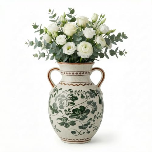 EFISPSS Ceramic Vintage Vase Decorative Spring Decor Chinese Crackle Floral Handle for Dining Room Living Room Green 8.4 in