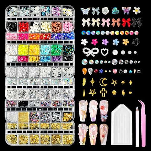 Wosyoodo 6 Cajas Conjunto de Arte de Uñas, Más de 10000+ Pedrería, Purpurina, Flores 3D, Perlas y Dijes de Metal, Suministros Profesionales para Técnicos de Uñas para Manicura DIY