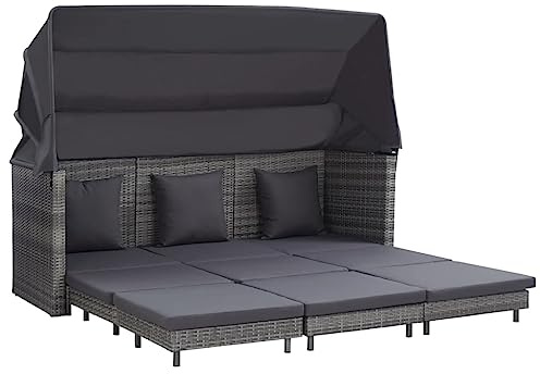 RMIHSJG Ausziehbares 3-Sitzer-Schlafsofa mit Dach in Poly Rattan Grau, Wetterfestes PE-Rattan Sofa mit Stahlrahmen für Garten und Terrasse, Inklusive Polsterkissen, Einfache Montage,