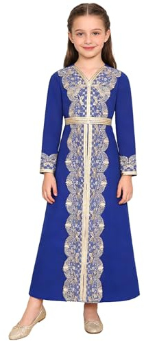 Agoky Flickor, långärmade muslimska klänningar, Abaya Dubai, islamiska arabiska kläder, midiklänning med spets, födelsedag, festkläder, blå, 140-146