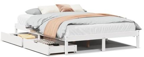 XHNIFBN Massivholzbett Weiß 120x200 cm Kiefer mit Lattenrost & 2 Schubladen, bodennahes Bettgestell für Jugend & Gästezimmer, Robust und platzsparend für Schlafzimmer und Gästezimmer