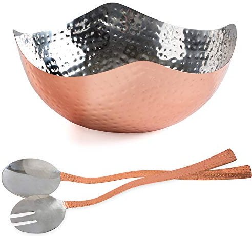 Salad Bowl with Servers - 3 Pc Set - Hammered Copper Salad Bowl - 9.5 Inch Hammered Serving Bowl