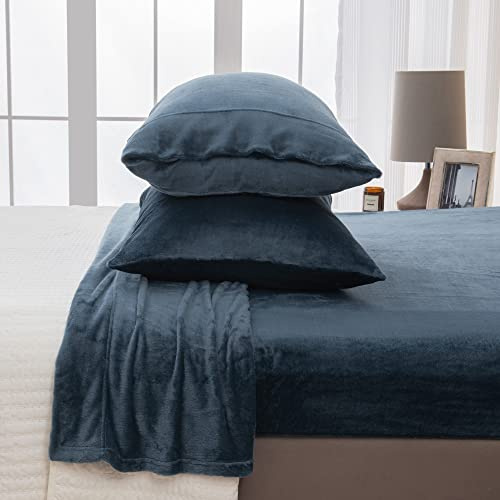 Great Bay Home 4-Piece Velvet Plush Micro Fleece Full Size Sheet Set - Deluxe Microplush Non-Pilling Bed Sheets- Lavish Sherpa Winter Bedding Set (Denim Blue)