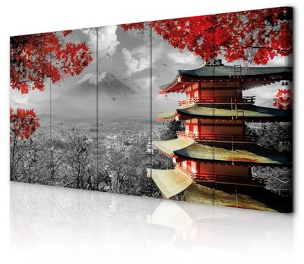 decomonkey Wandbilder Landschaft 200x80 cm 5 Teilig Leinwandbilder Wanddeko | Bild auf Leinwand, Kunstdruck, Wohnzimmer, Wanddekoration, Japan, Gebirge, Baum