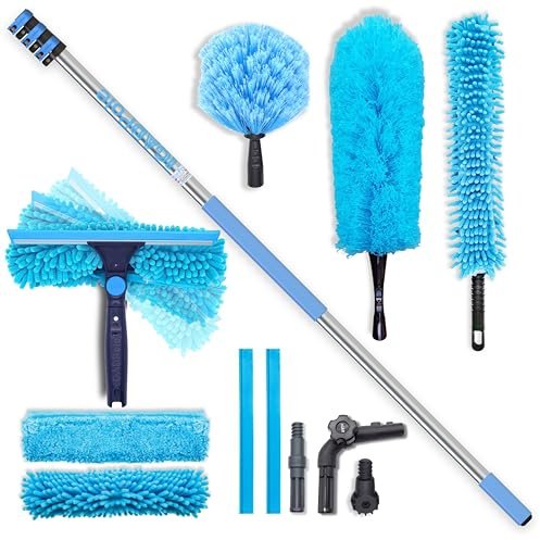 12ft IGADPole All-in-One Window Washing & Dusting Kit – Pivot Squeegee with 2 Washable Cloths, Cobweb Duster, Microfiber Feather Duster & Ceiling Fan Duster