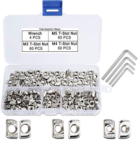 QIMEI-SHOP Dadi a T M3 M4 M5 T-Nut Dado Testa Martello in Acciaio al Carbonio Nichelato con 4 Chiavi Esagonale per 2020 Profilo in Alluminio 184 Pezzi