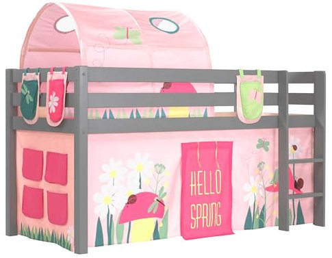 Vipack Spielbett Pino mit Textilset Vorhang, Tunnel und 3 Taschen Spring Kiefer massiv grau lackiert