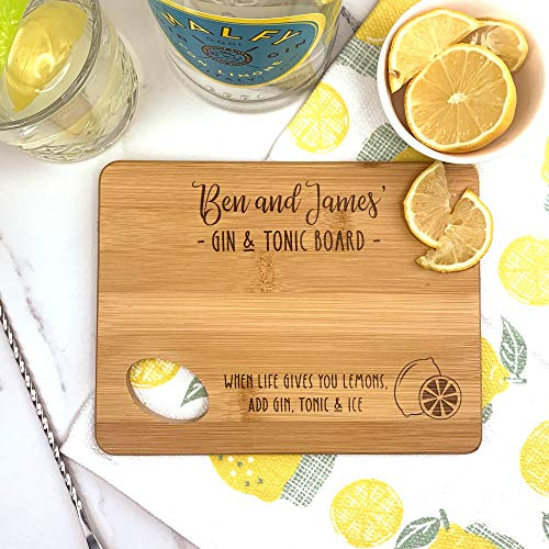 eBuyGB Personalised Wooden Gin & Tonic Chopping Board Gift for Couples, Rectangle Serving Board, Small Engraved Lemon & Lime Cutting Board - When Life Gives You Lemons, Add Gin, Tonic & Ice