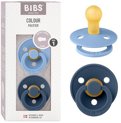 BIBS Colour Schnuller, 0-6 Monate, 2er-Pack, Sky Blue/Steel Blue | Runder Sauger | Naturkautschuklatex | Größe 1 | BPA-frei | Hergestellt in Dänemark | Hohe Akzeptanz | Luftlöcher