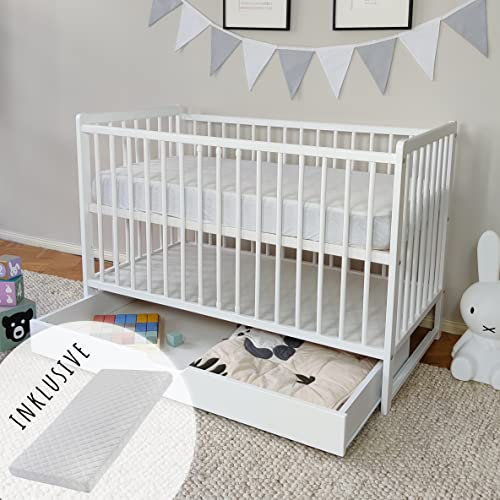 Babybett Kinderbett 60x120 Gitterbett Baby Bett Komplett-Set mit Matratze Beistellbett mitwachsend, Lattenrost höhenverstellbar mit abnehmbaren Sprossen, mit Schublade | weiß Kiefer-Vollholz