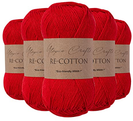 Utopia Crafts Re-Cotton Filato DK, 5x100g 750m, 80% Cotone Riciclato 20% Poliestere Riciclato, Certificato OEKO-TEX, Maglia e Uncinetto, Berretto, Sciarpa, Cardigan, Amigurumi, Scarlatto