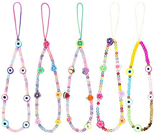 Vesaneae 5 Pièces Bracelet pour Téléphone, Chaîne Telephone Portable, Lanières de Téléphone Colorées avec Perles, Dragonne de Lanière de Téléphone Perlée, Lanière Perlée pour Femmes et Filles