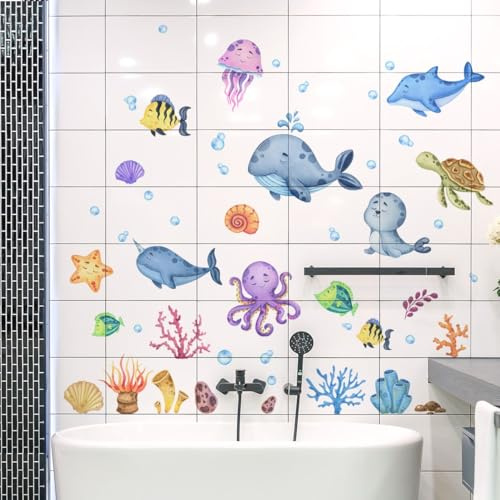 WandSticker4U®- [59 Stück] Fensterbilder Kinder UNTERWASSERWELT selbstklebend I Fenstersticker Maritim Fische Meerestiere I Kinder Fensteraufkleber Badezimmer Deko Duschkabine wiederverwendbar