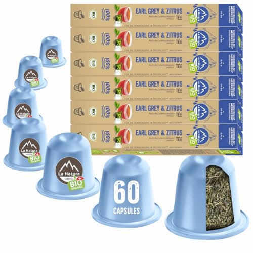 La Natura Lifestyle THÉ BIO EARL GREY & AGRUMES 60 capsules | 100% compostable industriellement²| Écologique | compatibles machines à capsules Nespresso