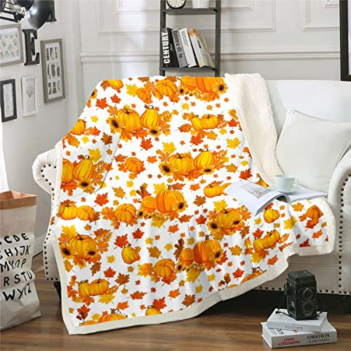 Homewish Herbst Kürbis Decke 150 x 200 cm - Ahornblätter Fleece für Thanksgiving, Erntezeit - Rustikales Bauernhaus Sonnenblumen Fuzzy Plüsch - Orange Weiß Weich
