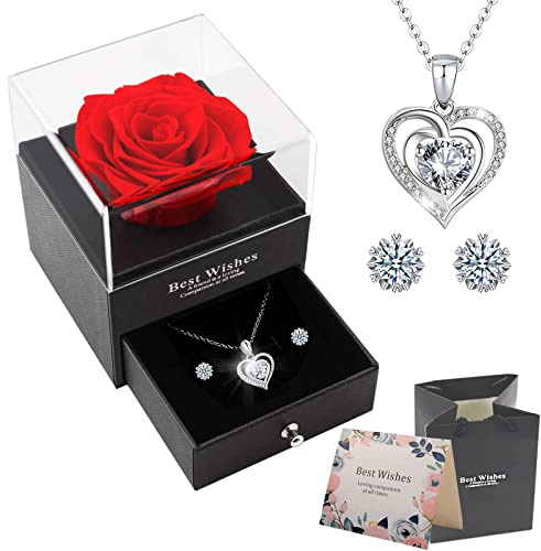 OIOYLEY Ewige Rose Geschenkbox mit Splitter Halskette und Ohrringe, Konservierte Rose, Rosen Geschenke für Frauen für Valentinstag, Muttertag, Jahrestag, Geburtstag für Mutter, Schwester, Ehefrau